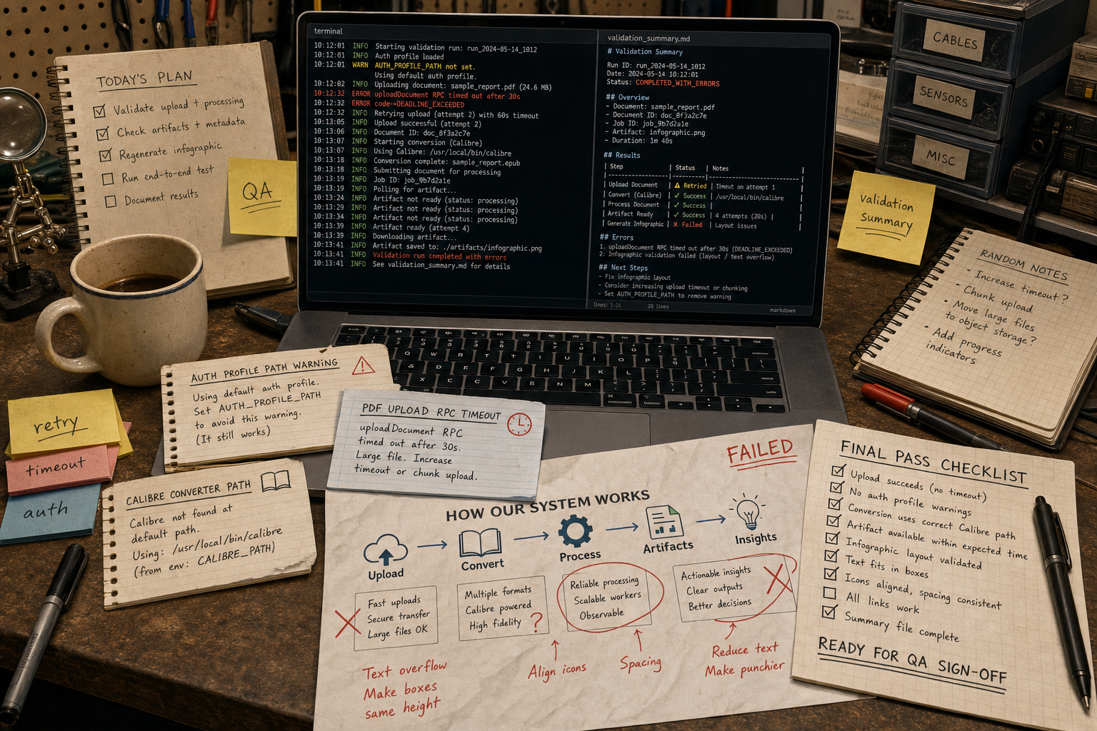 真实 workflow 会留下的脏细节:日志、timeout、retry、validation summary